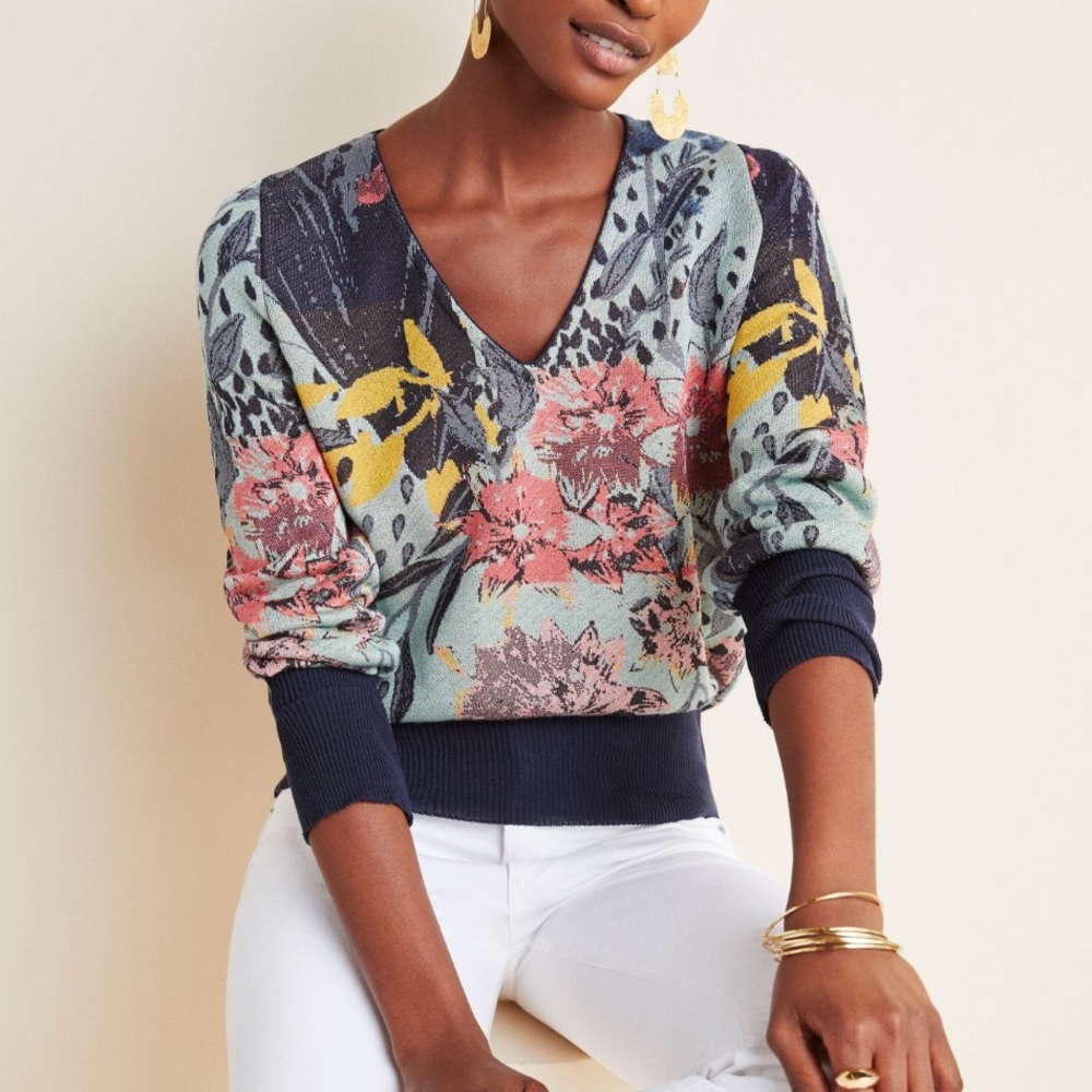 Anthropologie Floral V-Neck Sweater in Navy, Mint, Pink & Yellow